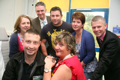 Rhys Williams from Jones Bros is pictured with Julie Helena Williams, Renal Transplant Specialist Nurse at the Wrexham Maelor Hospital. Back (left to right), Iona Jones, fund-raiser from Jones Bros; Stuart Robertson, Consultant Physician; Huw Issac and Sharon Lewis, fund-raisers from Jones Bros and David Glover, Consultant Physician